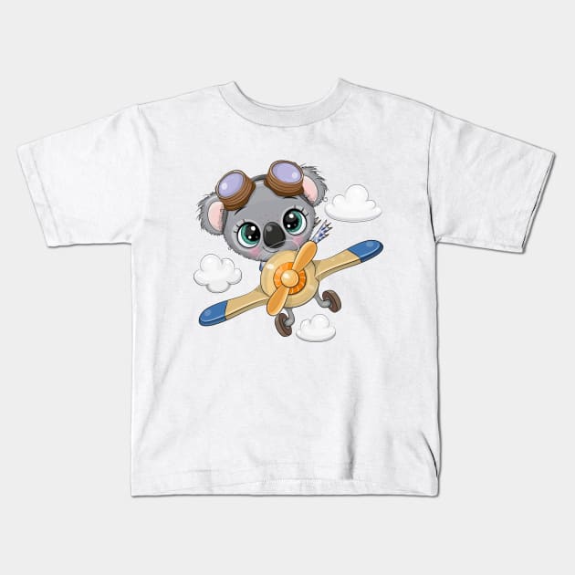 Cute koala pilot on a plane Kids T-Shirt by Reginast777